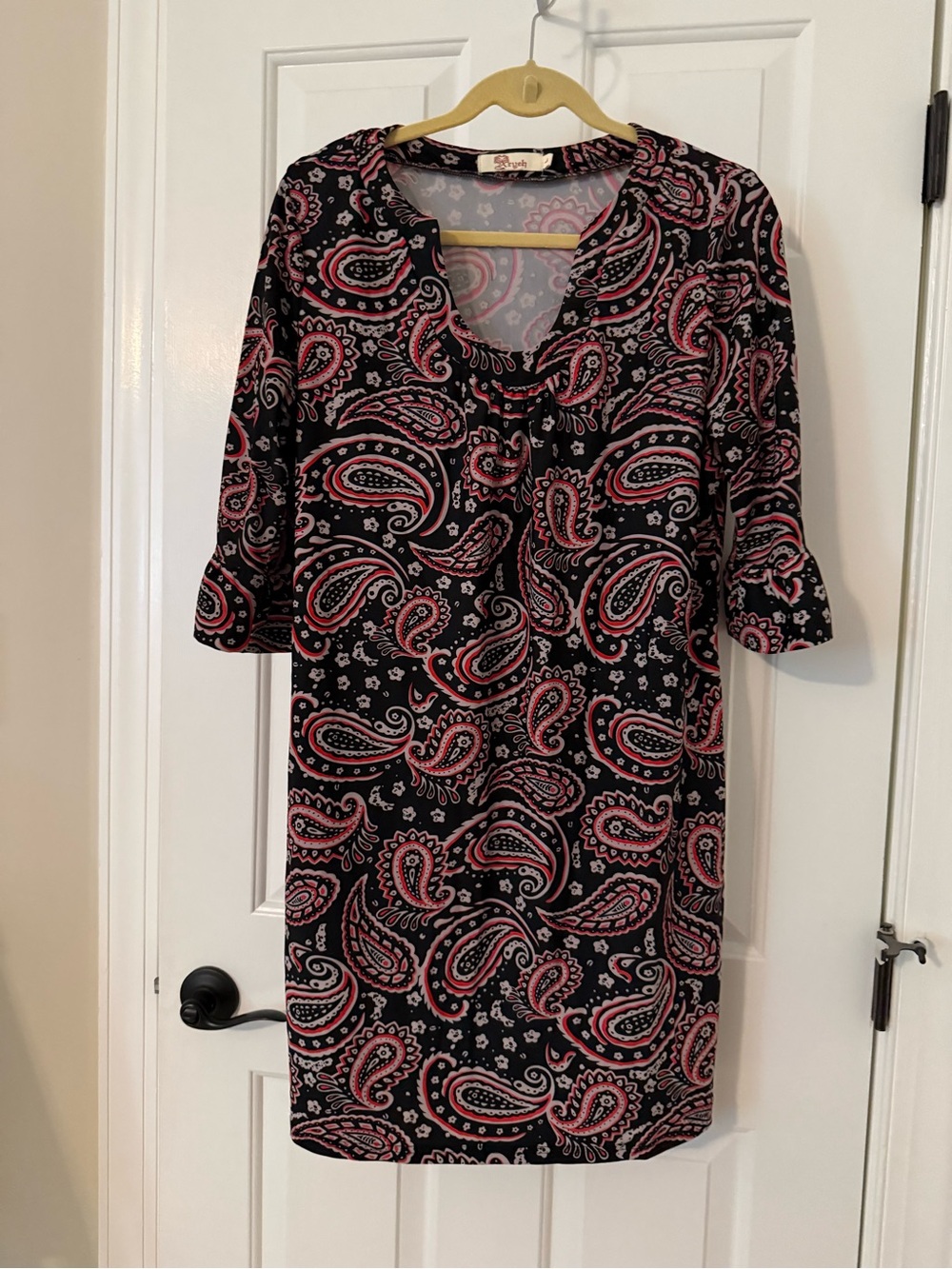Aryeh Black Dress with Red and Light Gray Paisley Detail